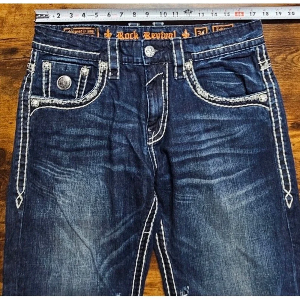 Rock Revival Jeans 34x35 Straight Dark Blue Premium Distressed Designer Denim